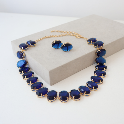 Kit Colar e Brinco - Cristal Azul - Dourado