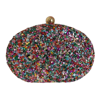 Bolsa Festa Clutch Pedraria Colorida Oval Ferragem Dourada