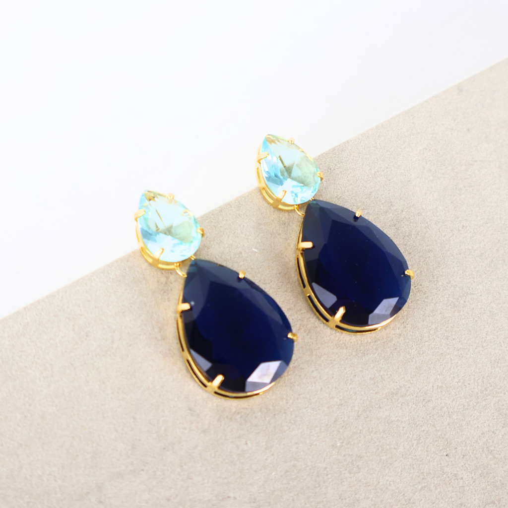 Brinco Dourado e Cristal Azul e Turquesa - Semijoia