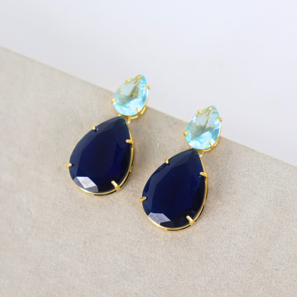 Brinco Dourado e Cristal Azul e Turquesa - Semijoia