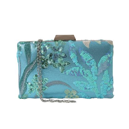 Bolsa Clutch Festa Bordada Flores Turquesa