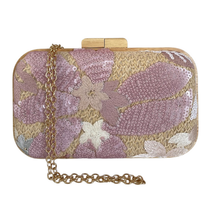 Bolsa de Festa Clutch Madeira e Palha da Índia Rosa Bebê