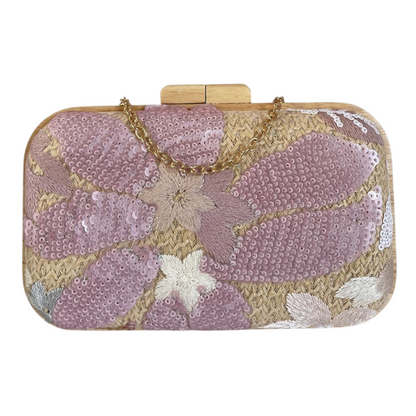 Bolsa de Festa Clutch Madeira e Palha da Índia Rosa Bebê