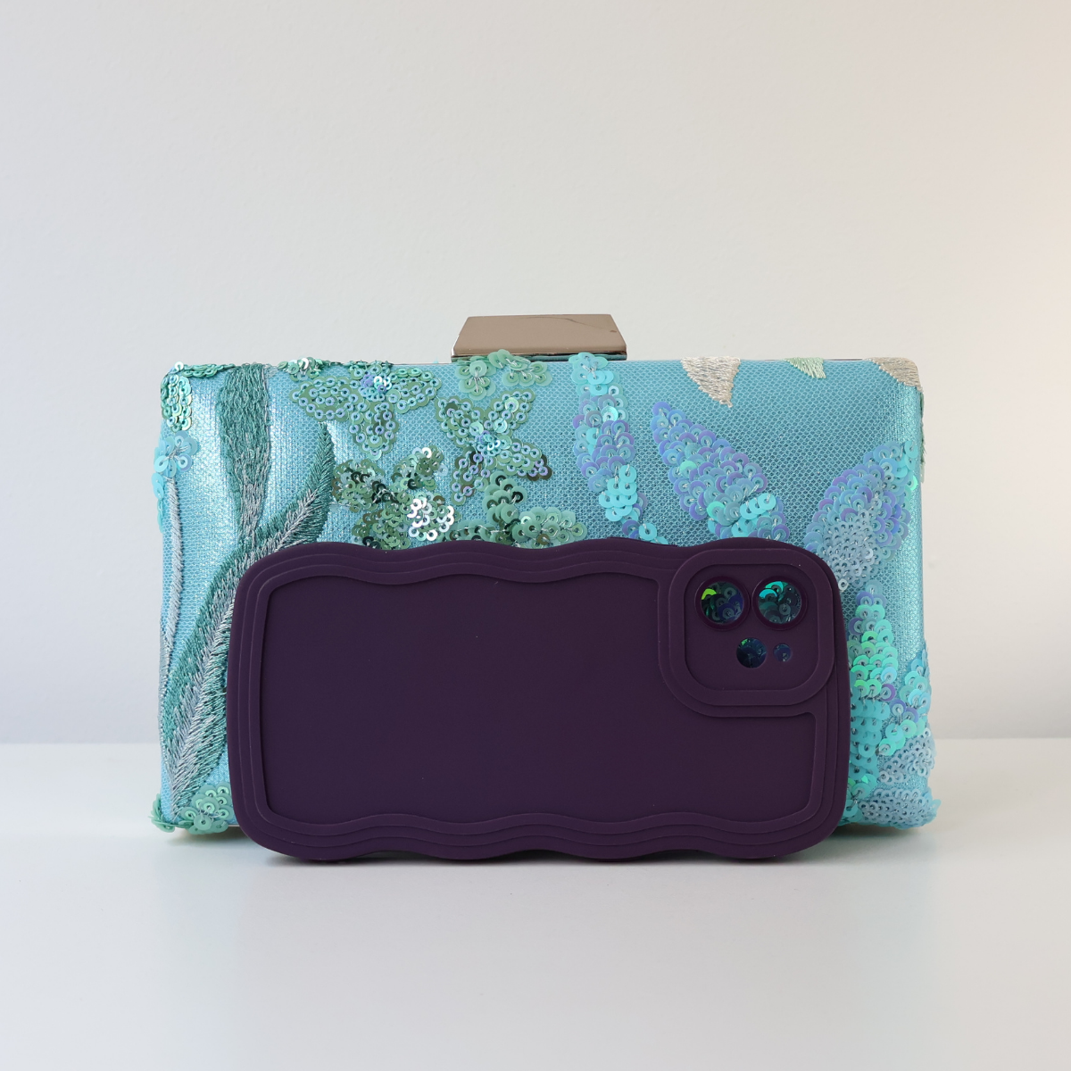Bolsa Clutch Festa Bordada Flores Turquesa