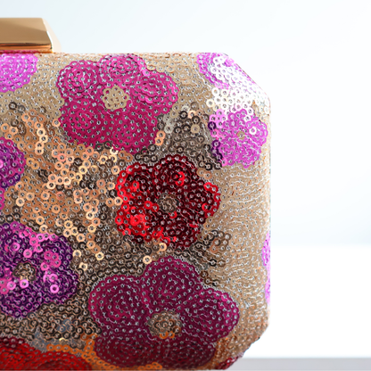 Bolsa Clutch Festa Lantejoulas Bordadas Flores Rosa