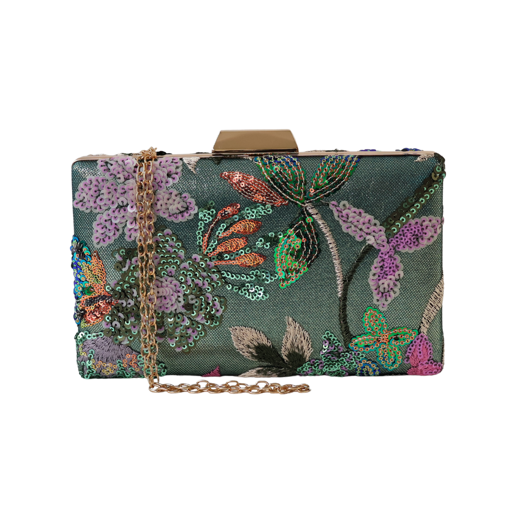Bolsa Clutch Festa Bordada Flores Verde