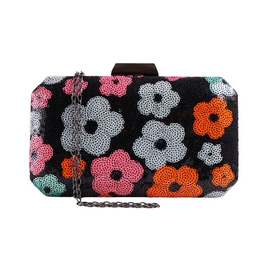 Bolsa Clutch Festa Lantejoulas Bordadas Flores Preta