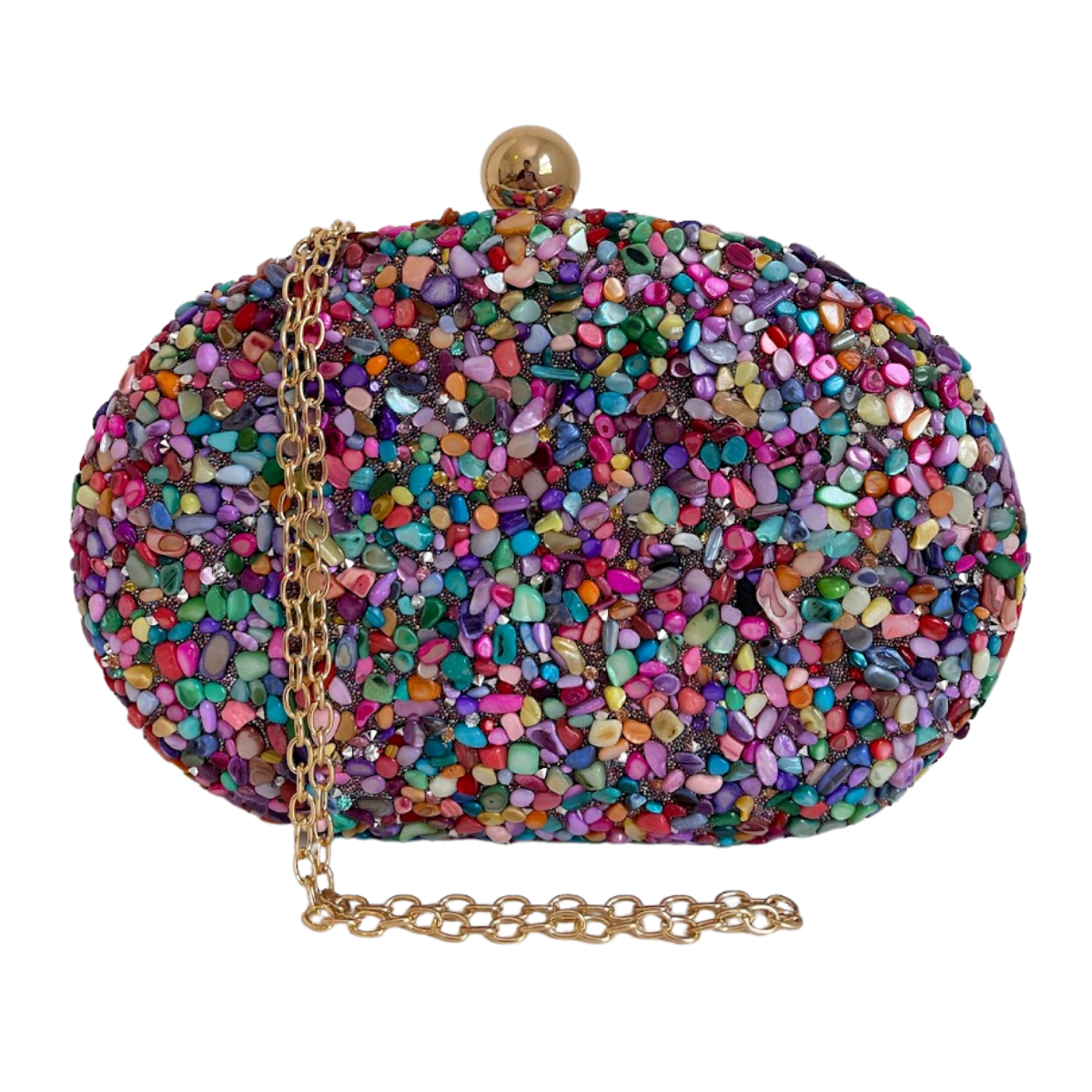 Bolsa Festa Clutch Pedraria Colorida Oval Ferragem Dourada