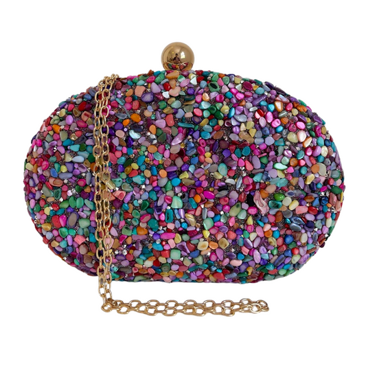 Bolsa Festa Clutch Pedraria Colorida Oval Ferragem Dourada