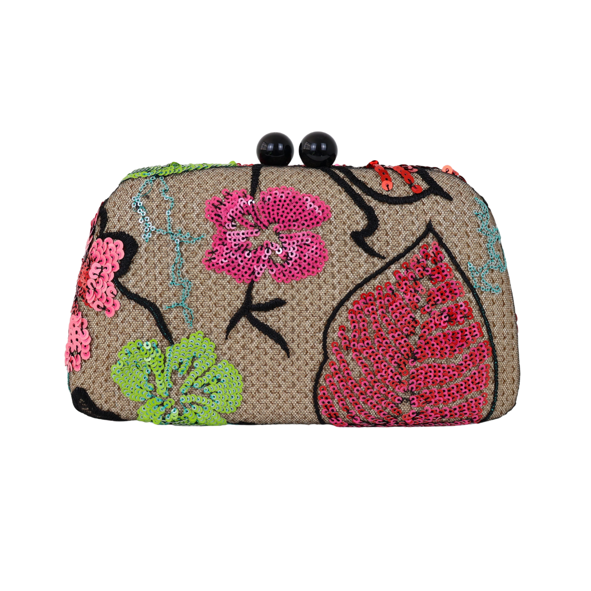 Bolsa Clutch Festa Bordada Flores Bege e Rosa