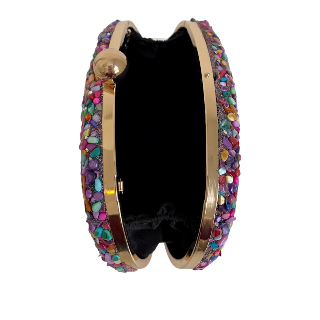 Bolsa Festa Clutch Pedraria Colorida Oval Ferragem Dourada