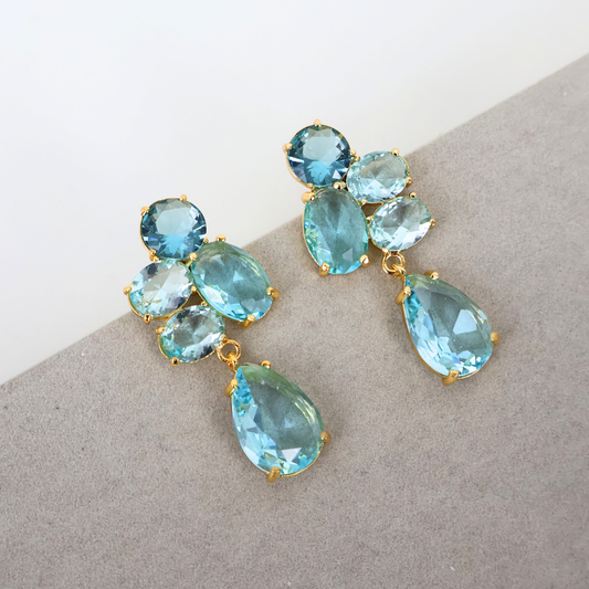 Brinco Dourado e Cristal Azul Turquesa - Semijoia