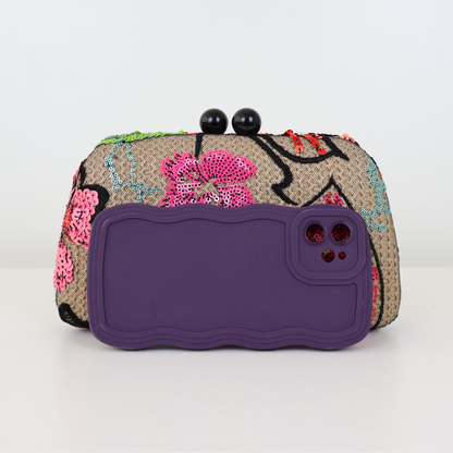 Bolsa Clutch Festa Bordada Flores Bege e Rosa