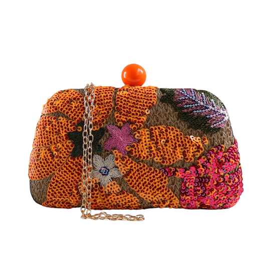 Bolsa Clutch Festa Bordada Flores Laranja