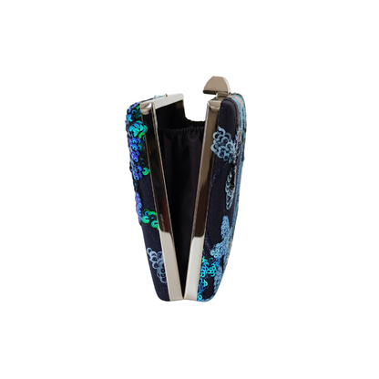 Bolsa Clutch Festa Bordada Flores Azul Marinho