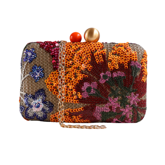 Bolsa Clutch Festa Bordada Flores Laranja