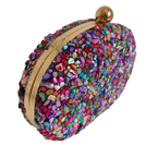 Bolsa Festa Clutch Pedraria Colorida Oval Ferragem Dourada