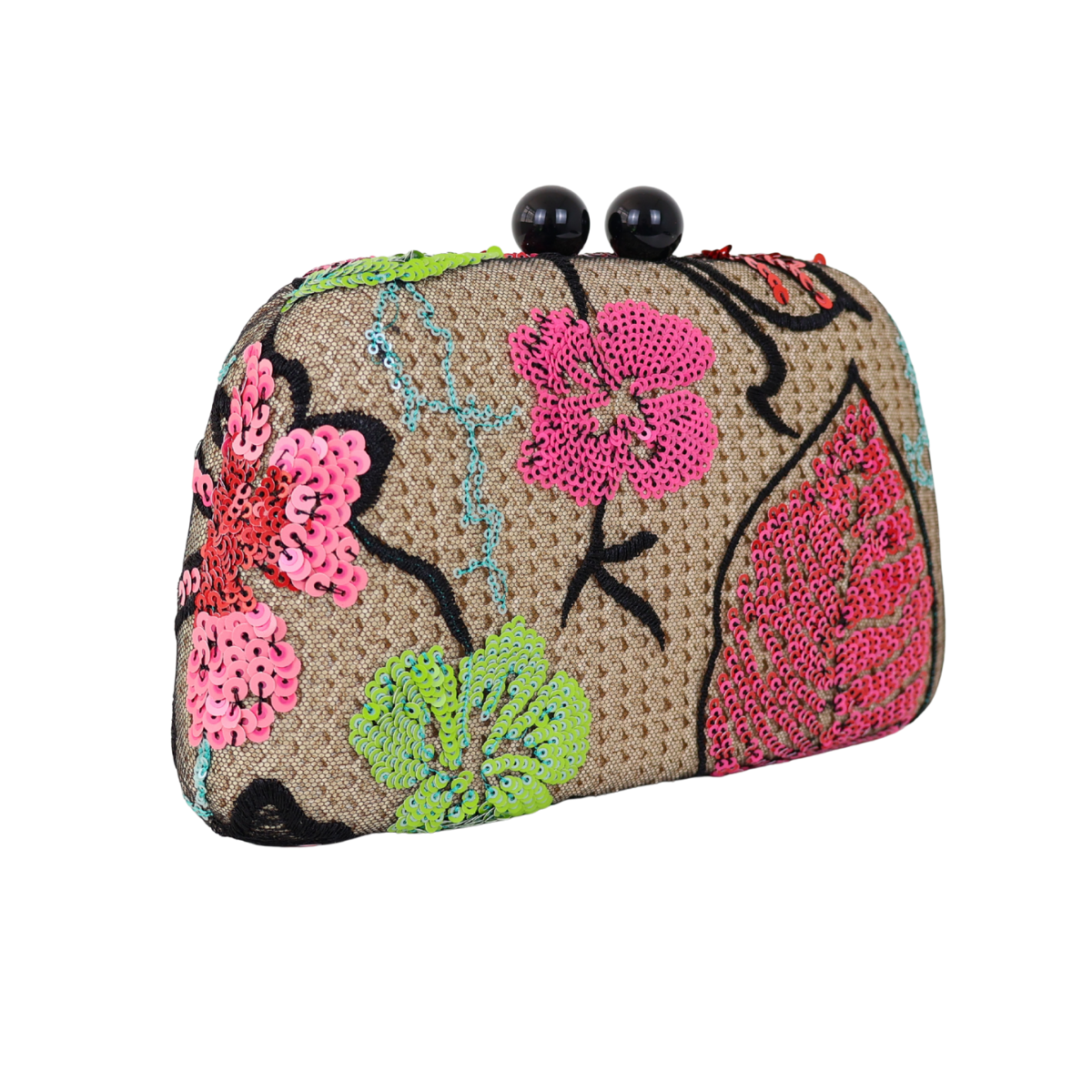 Bolsa Clutch Festa Bordada Flores Bege e Rosa