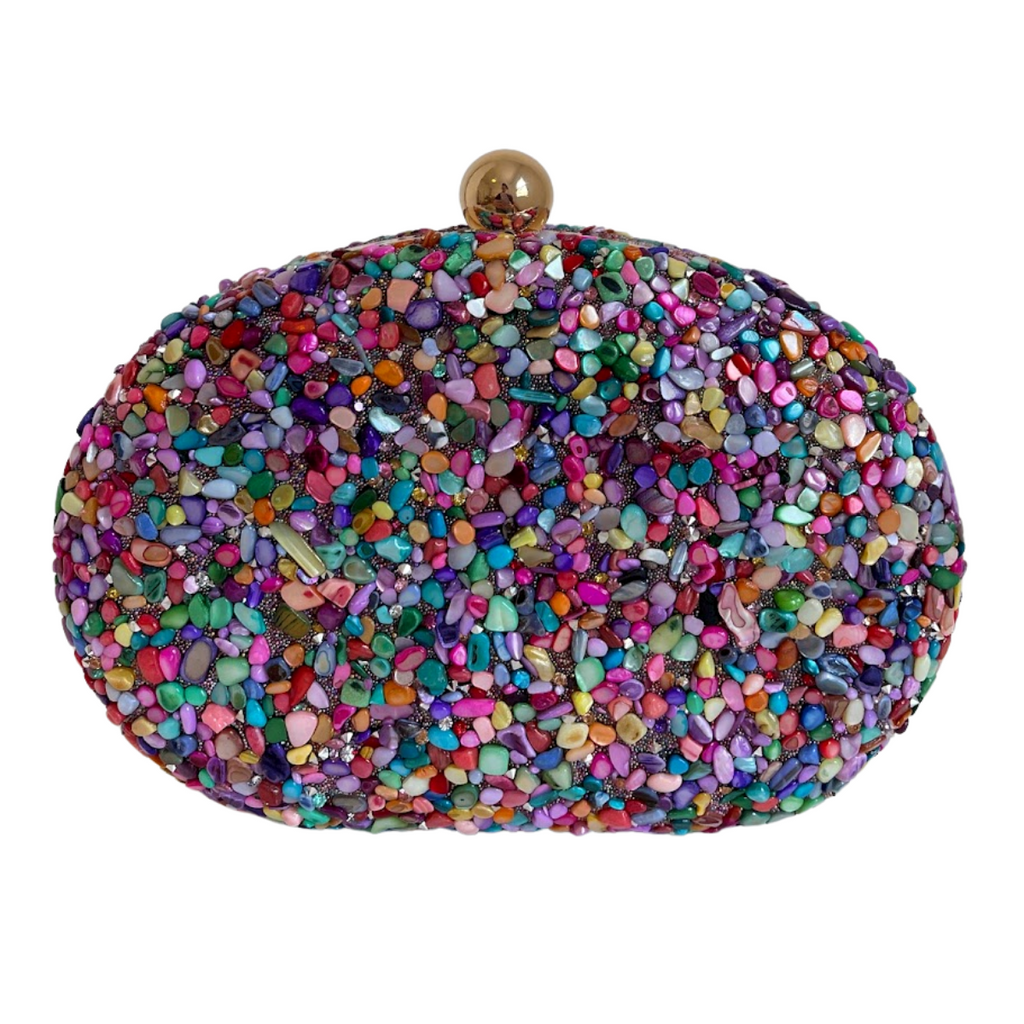 Bolsa Festa Clutch Pedraria Colorida Oval Ferragem Dourada