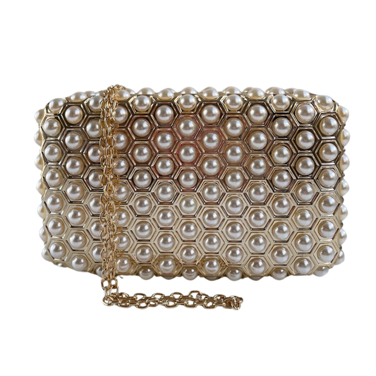 Bolsa de Festa Clutch Acrílico Dourado e Perolas