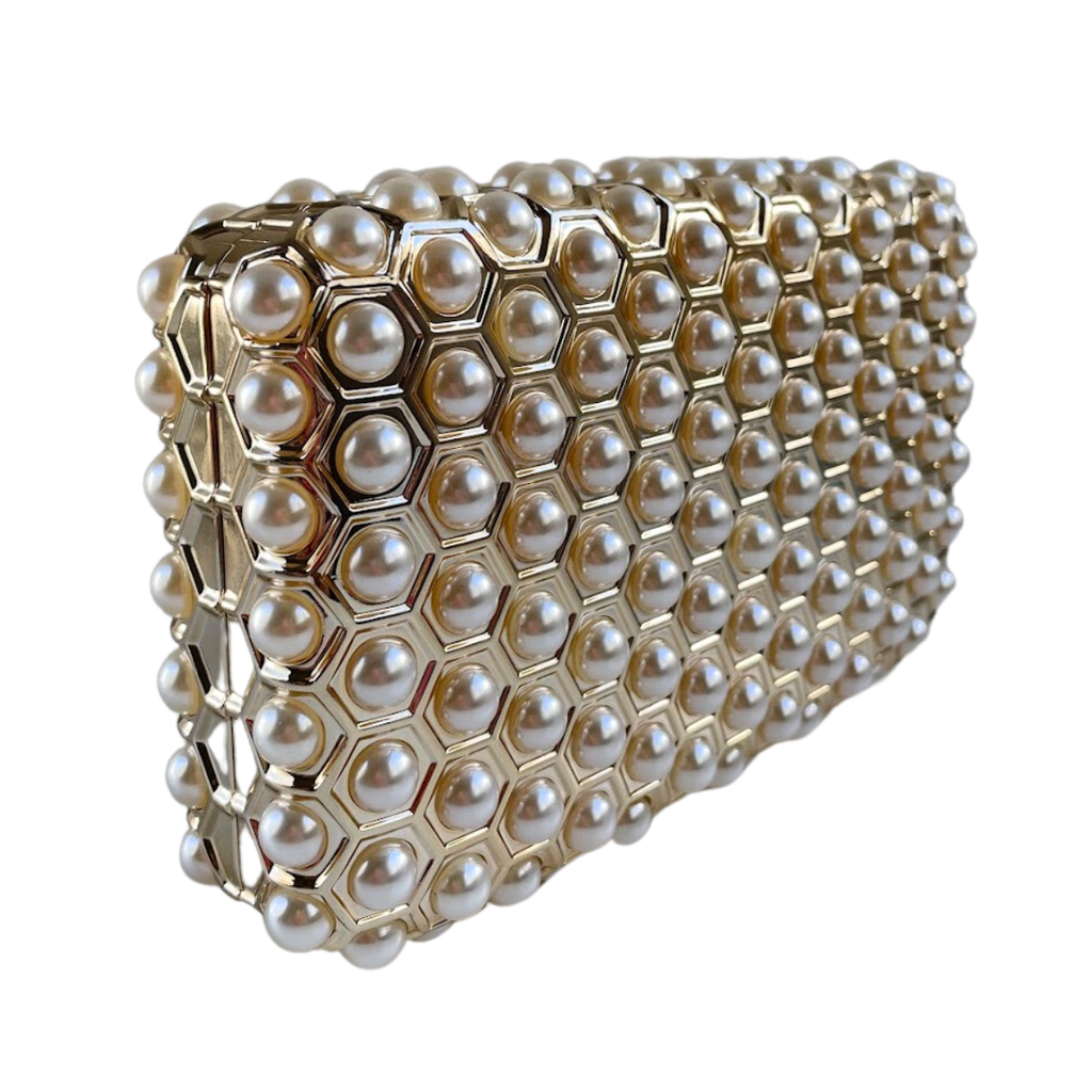 Bolsa de Festa Clutch Acrílico Dourado e Perolas