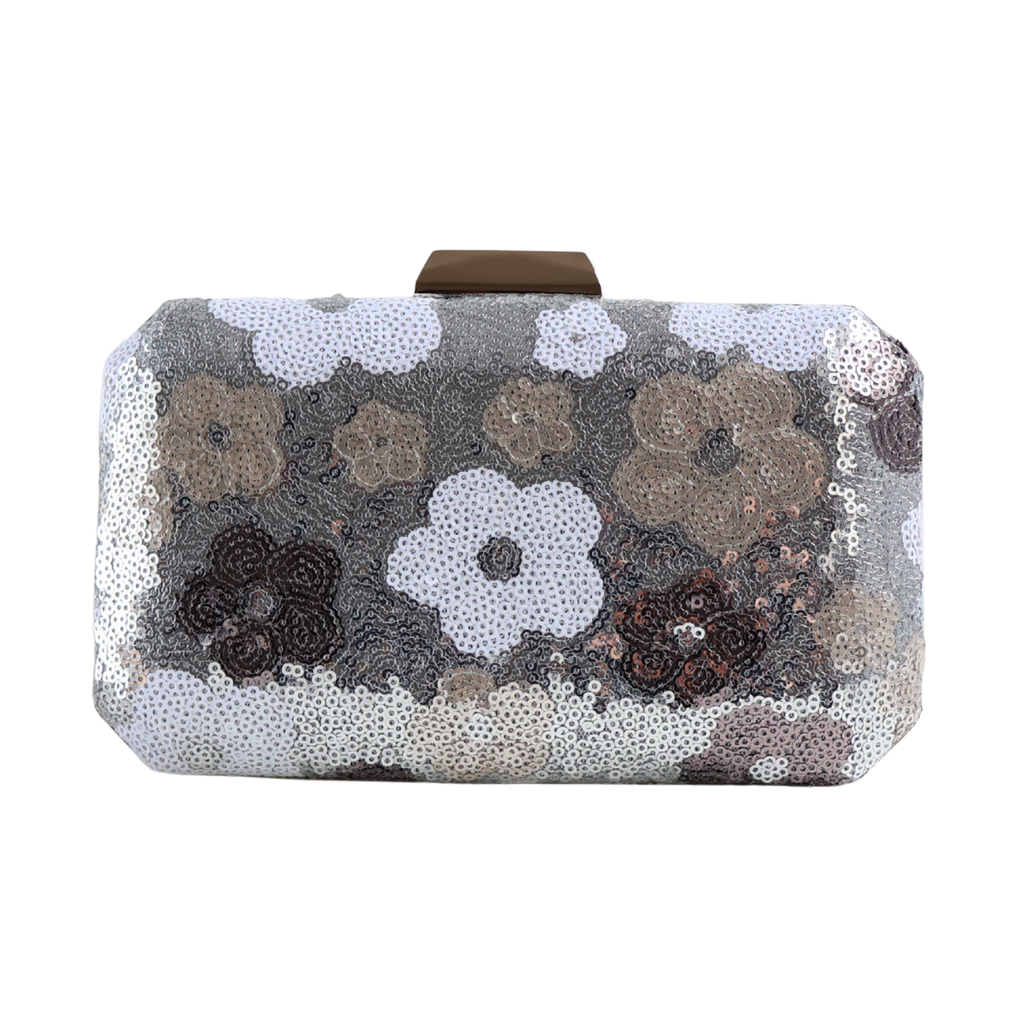 Bolsa Clutch Festa Lantejoulas Bordadas Flores Prata - ReUse