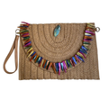 Bolsa Carteira Envelope de Palha Bege e Pedraria Colorida