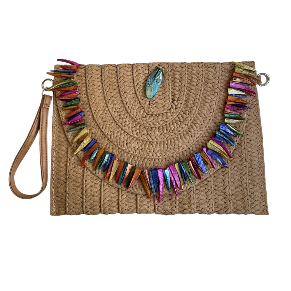 Bolsa Carteira Envelope de Palha Bege e Pedraria Colorida