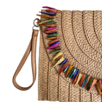 Bolsa Carteira Envelope de Palha Bege e Pedraria Colorida