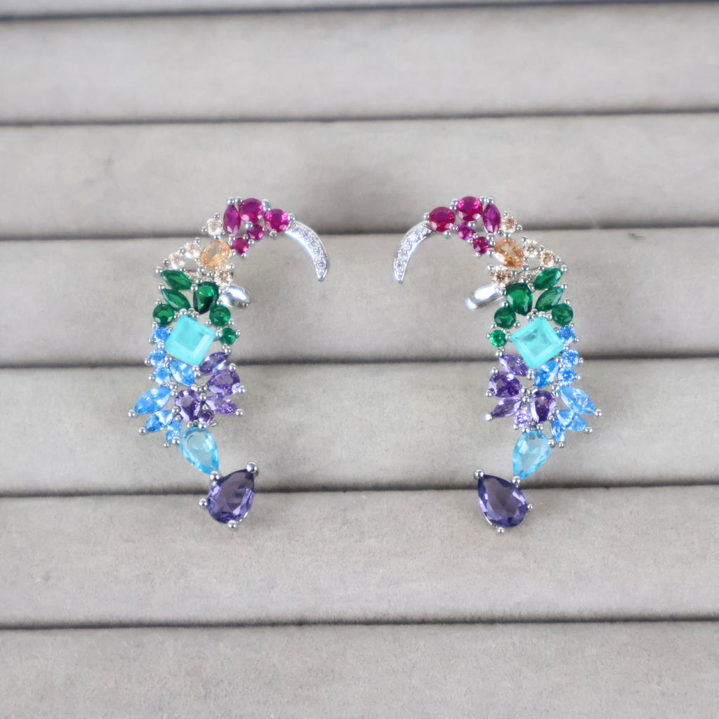 Brinco Earcuff Prateado e Cristal Colorido - Semijoia