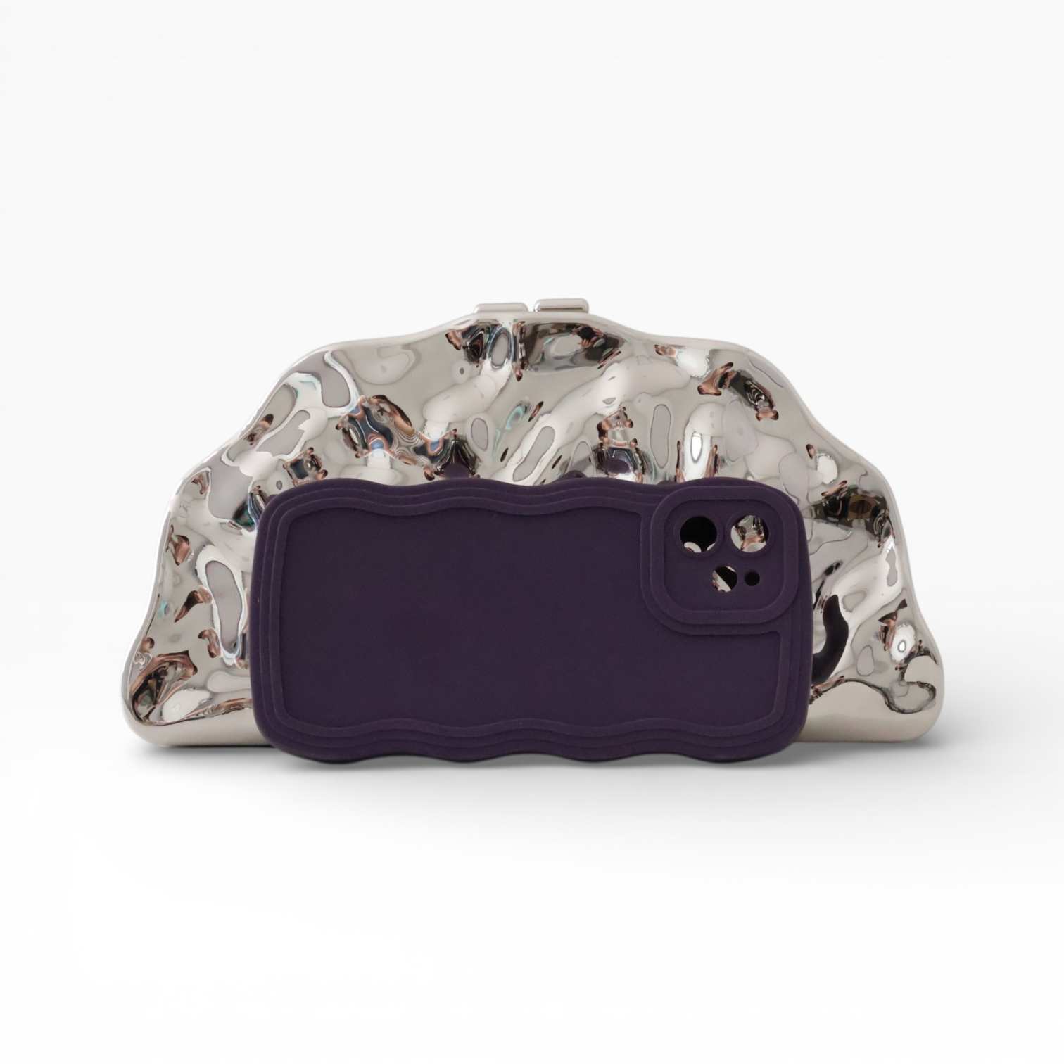 Bolsa de Festa Clutch Meia Lua Metalizada Prateada