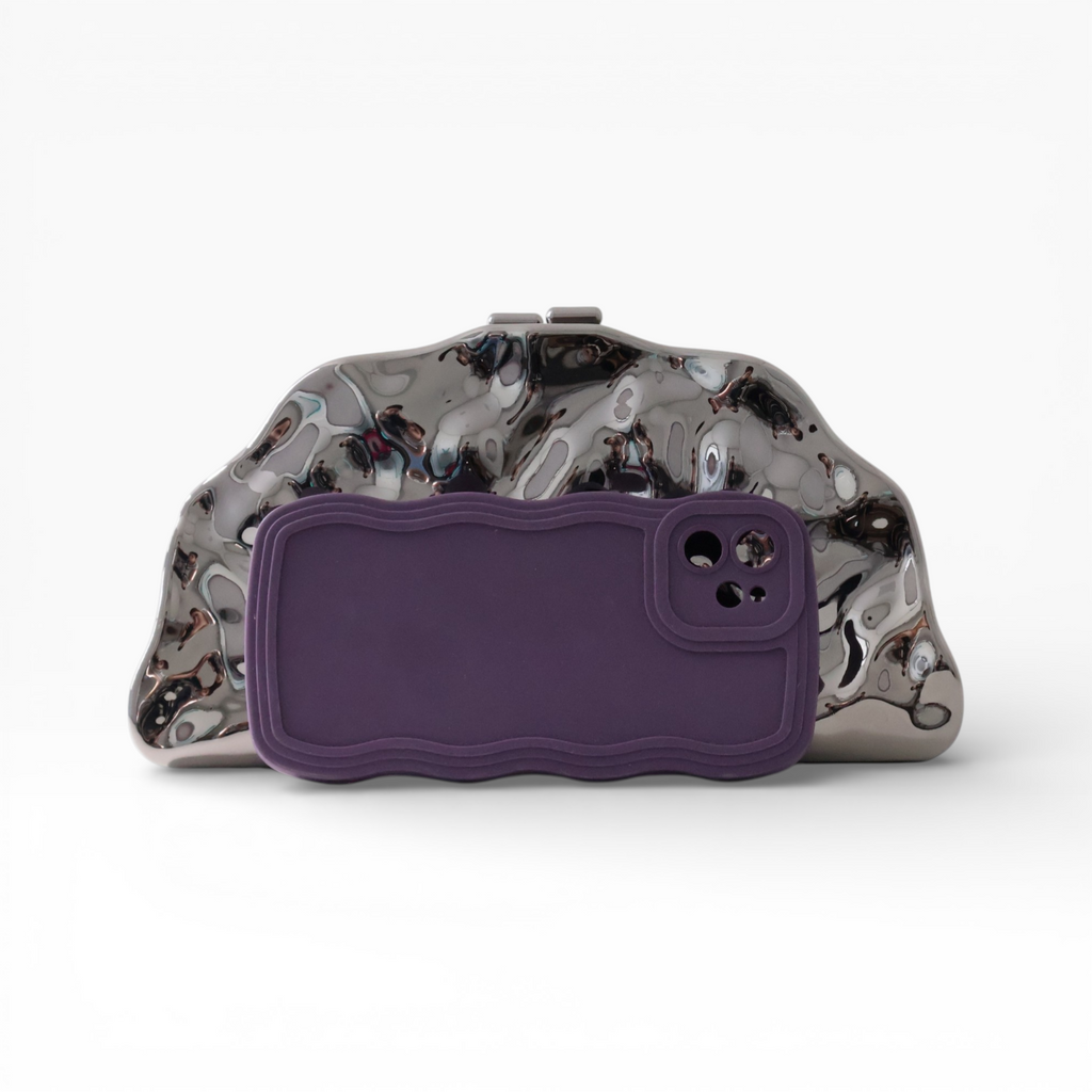 Bolsa de Festa Clutch Meia Lua Metalizada Prata Grafite