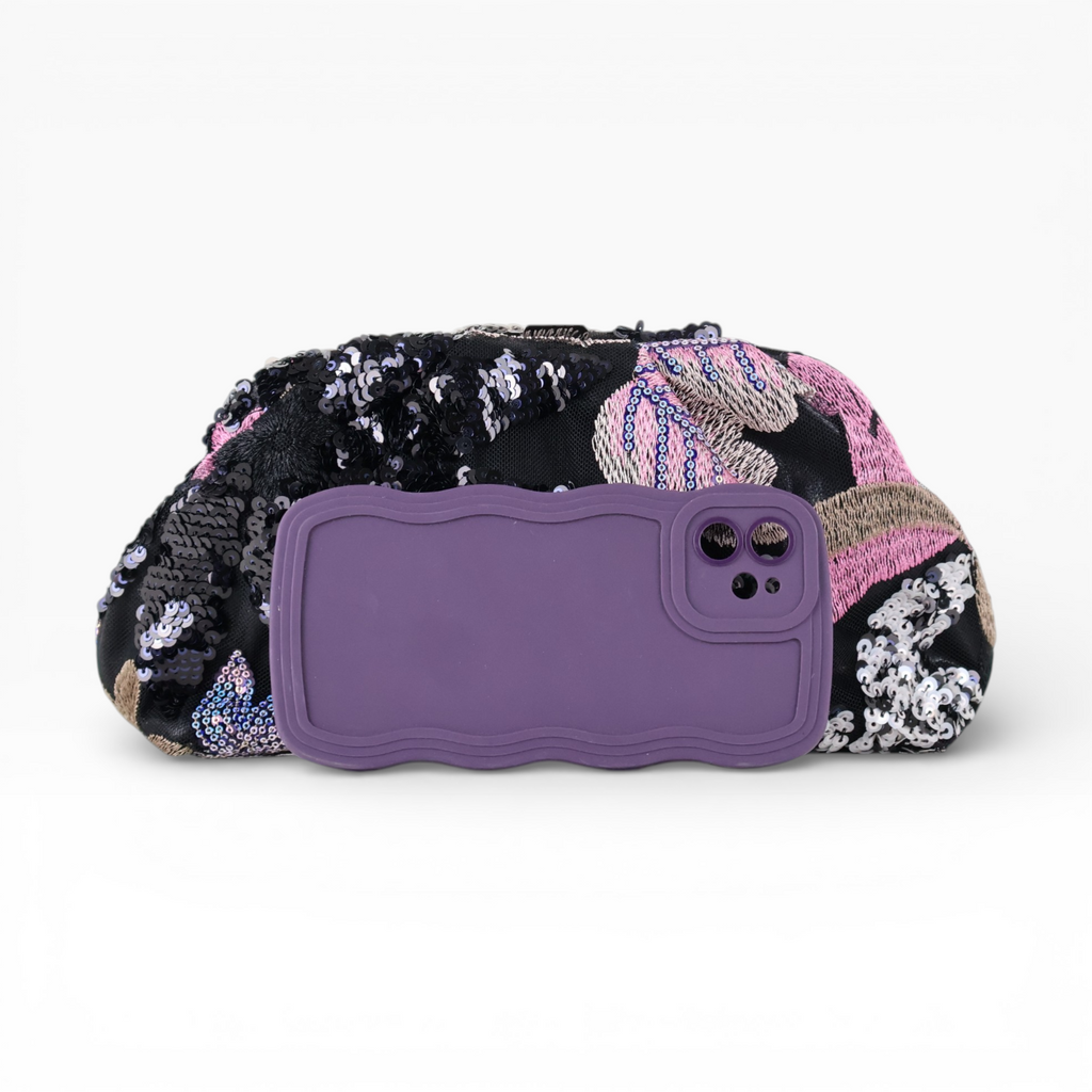 Bolsa Pouch Festa Clutch Flores Bordadas Preta