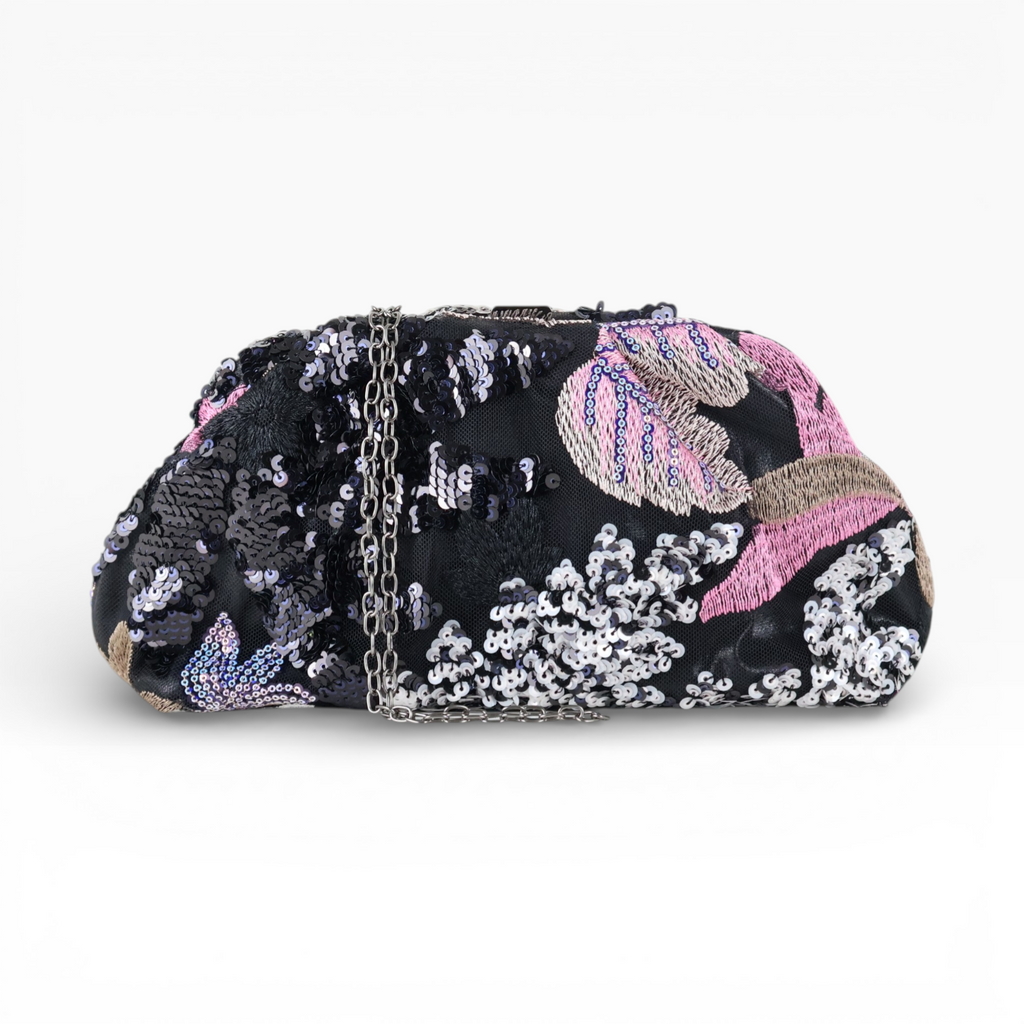 Bolsa Pouch Festa Clutch Flores Bordadas Preta