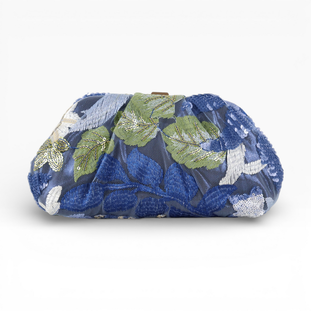 Bolsa Pouch Festa Clutch Flores Bordadas Azul