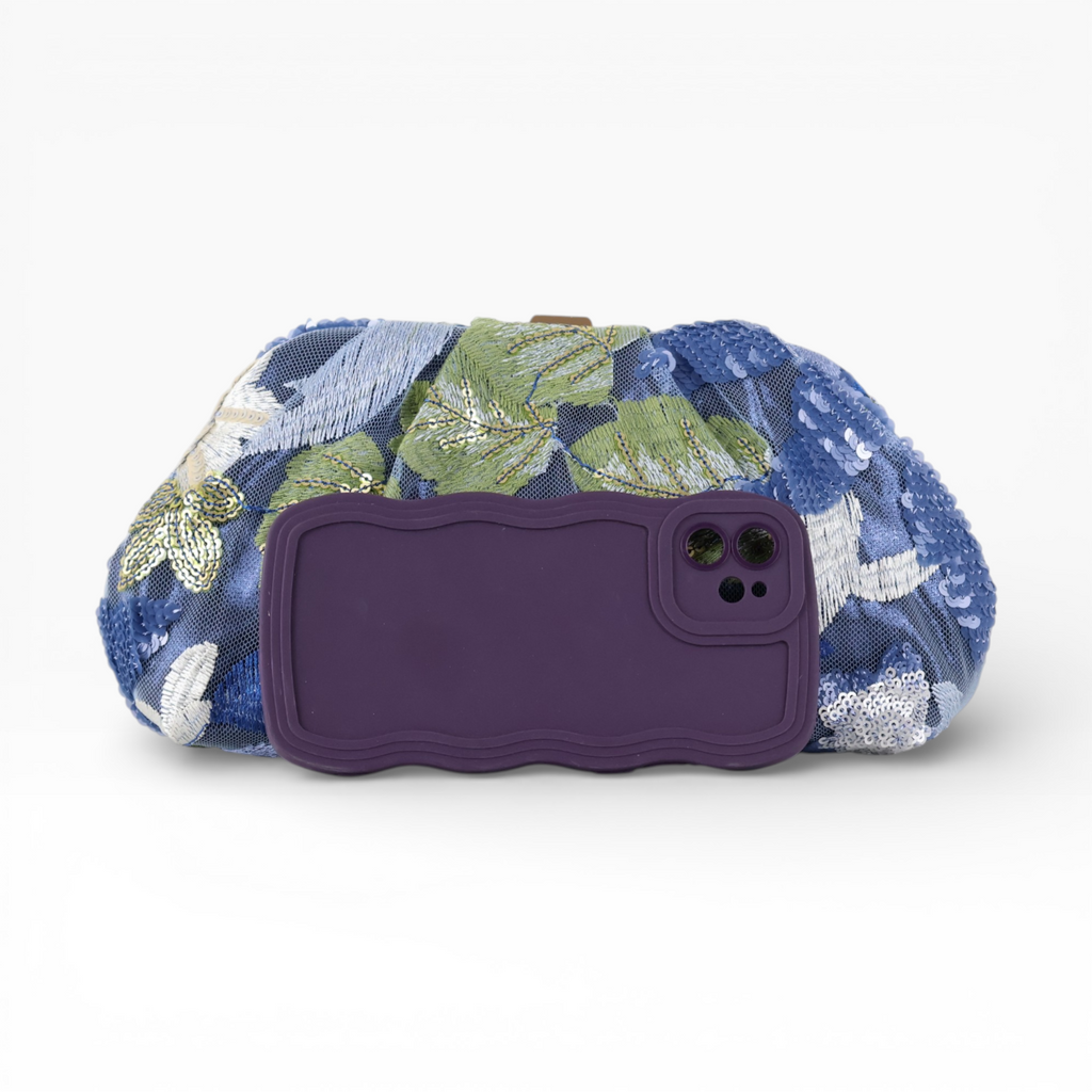Bolsa Pouch Festa Clutch Flores Bordadas Azul