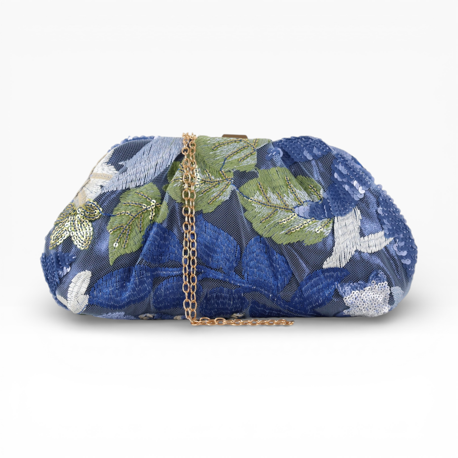 Bolsa Pouch Festa Clutch Flores Bordadas Azul