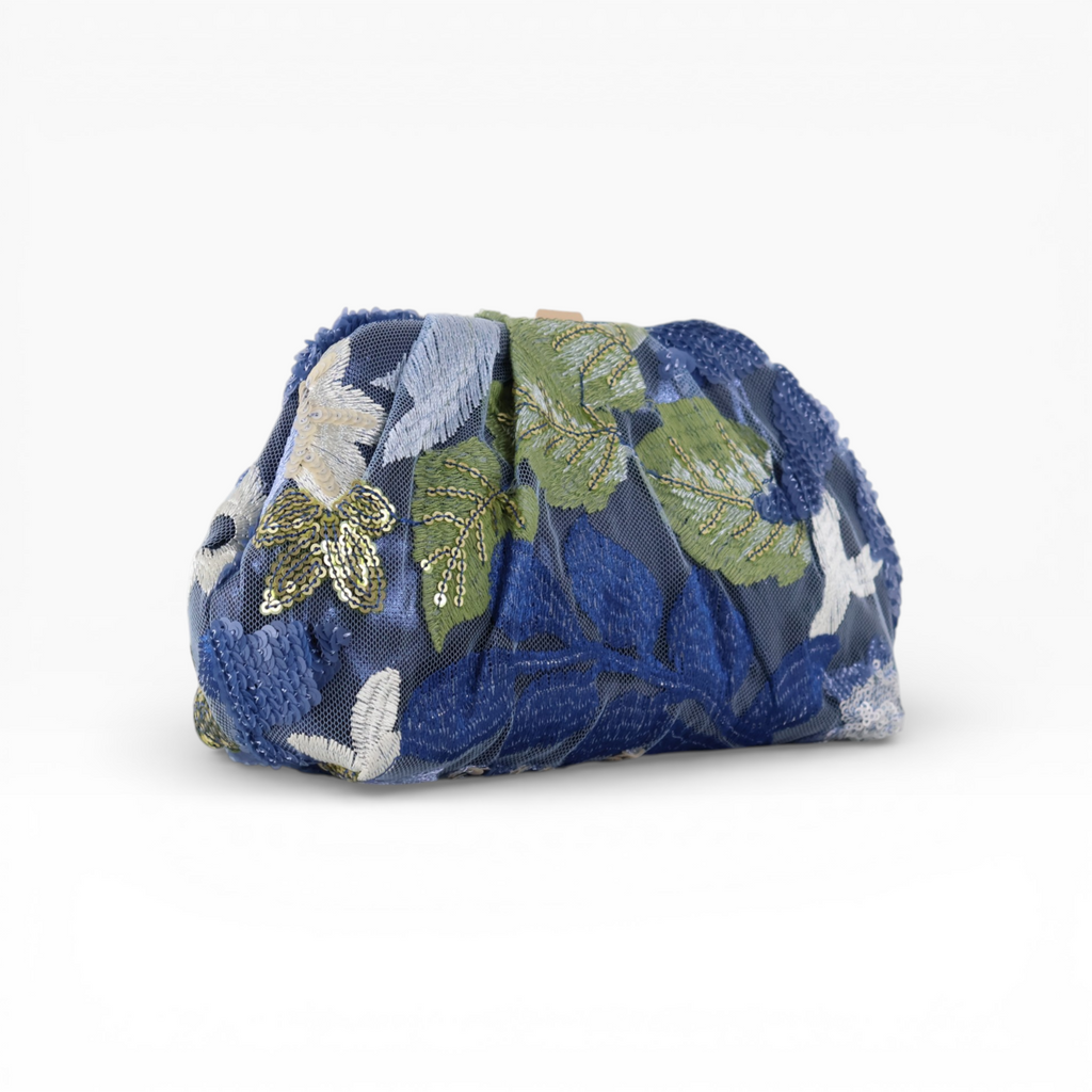 Bolsa Pouch Festa Clutch Flores Bordadas Azul