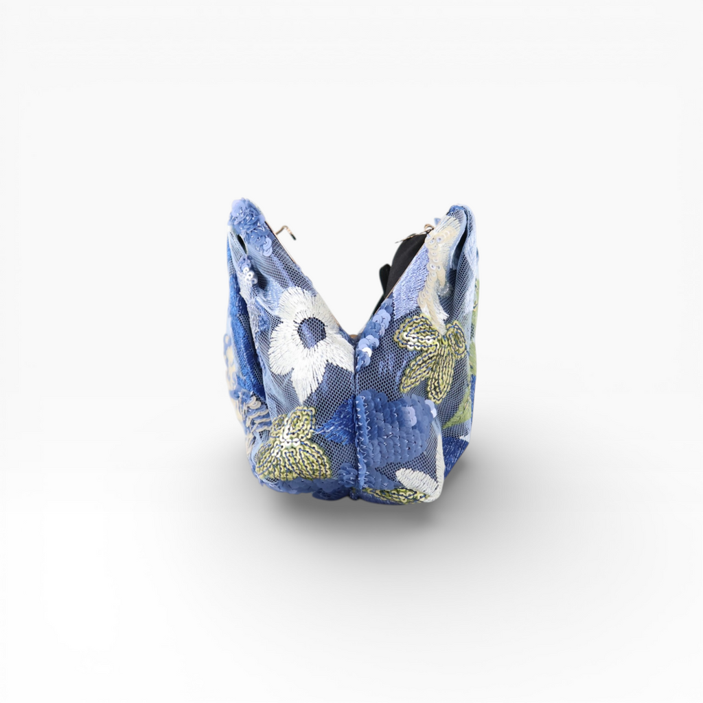 Bolsa Pouch Festa Clutch Flores Bordadas Azul