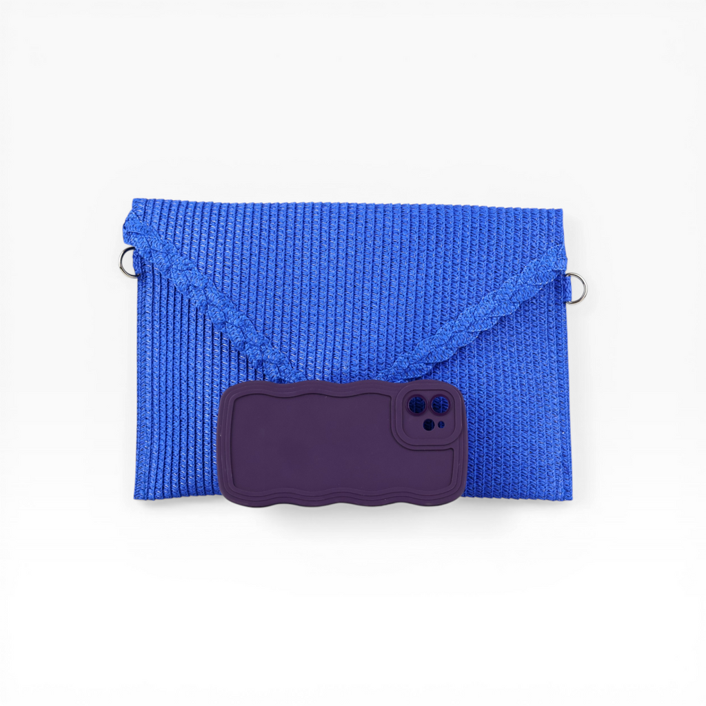 Bolsa Carteira Envelope de Palha Azul