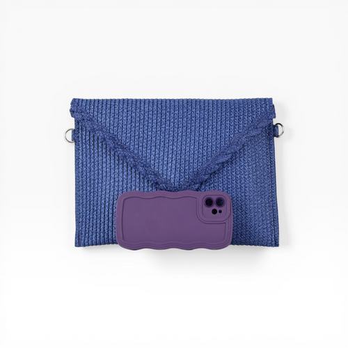 Bolsa Carteira Envelope de Palha Azul Marinho