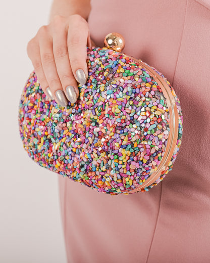 Bolsa Festa Clutch Pedraria Colorida Oval Ferragem Dourada