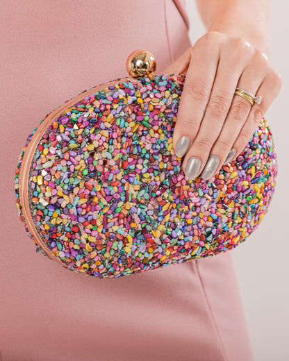 Bolsa Festa Clutch Pedraria Colorida Oval Ferragem Dourada