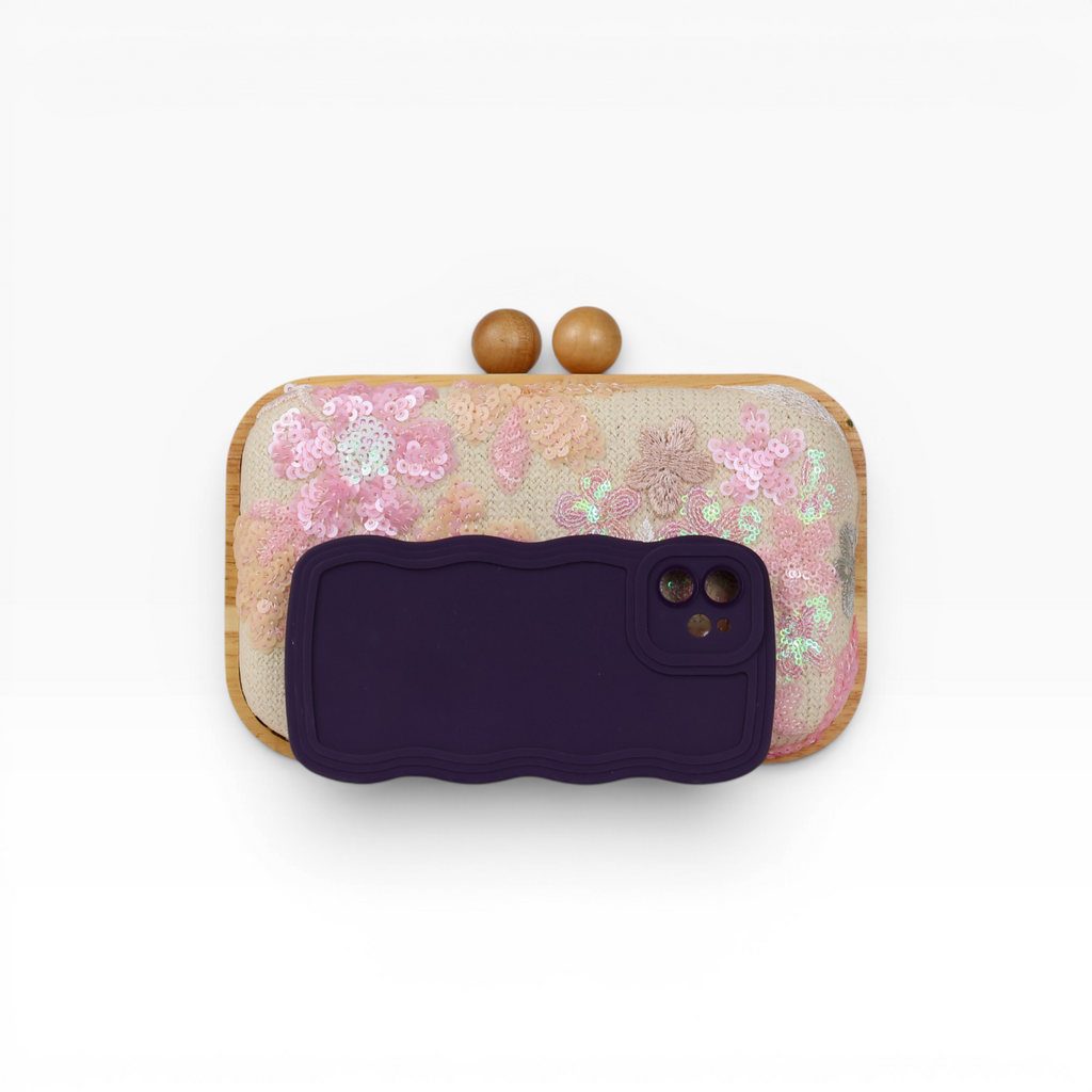 Bolsa de Mão Festa Palha Madeira Bordada Rosa