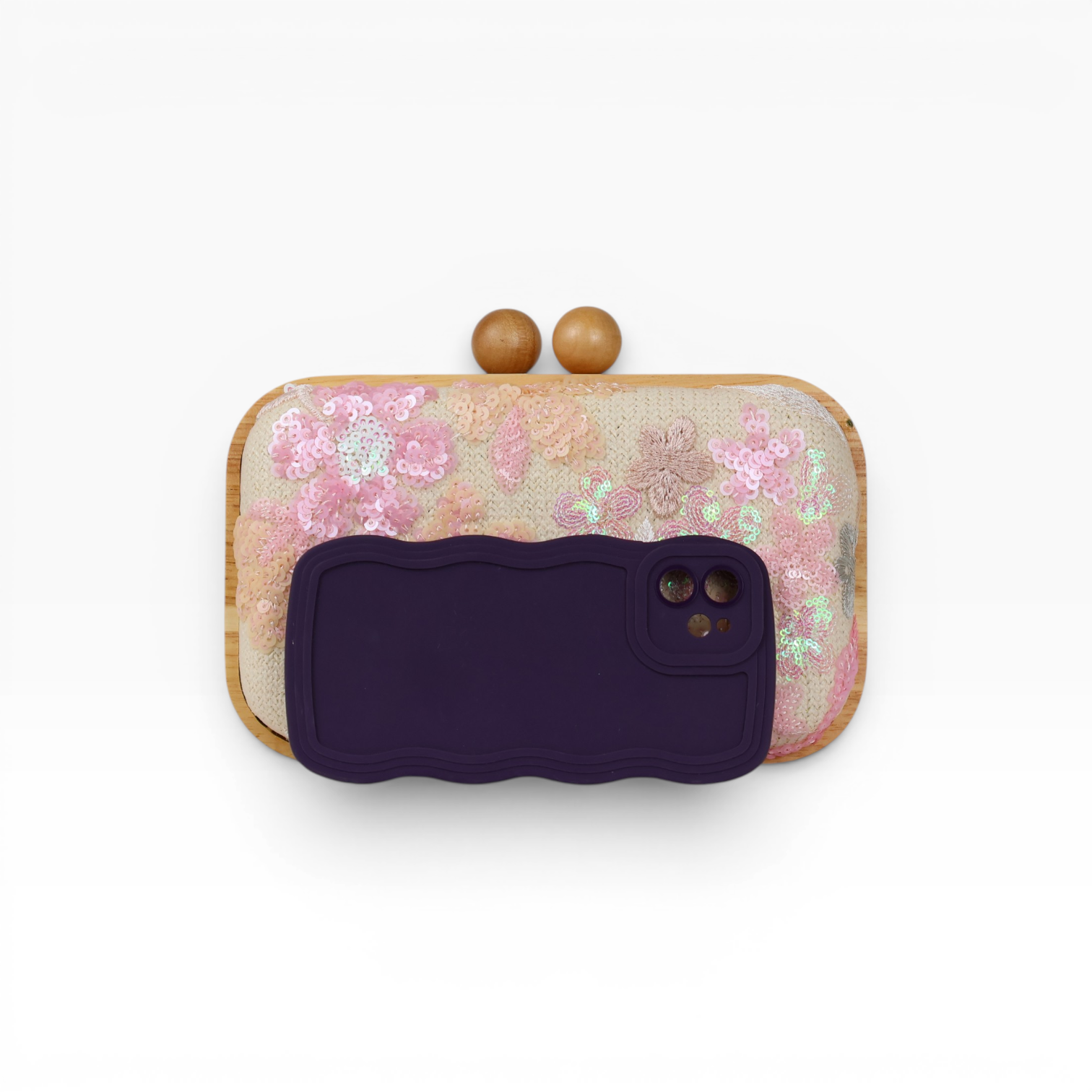 Bolsa de Mão Festa Palha Madeira Bordada Rosa