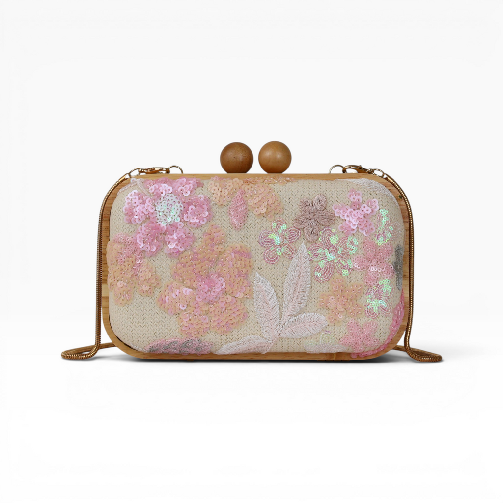 Bolsa de Mão Festa Palha Madeira Bordada Rosa