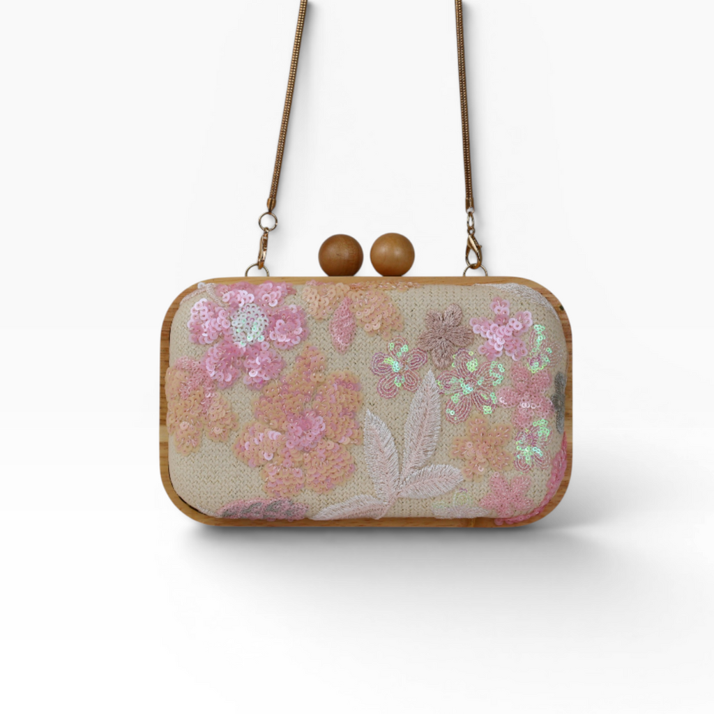 Bolsa de Mão Festa Palha Madeira Bordada Rosa
