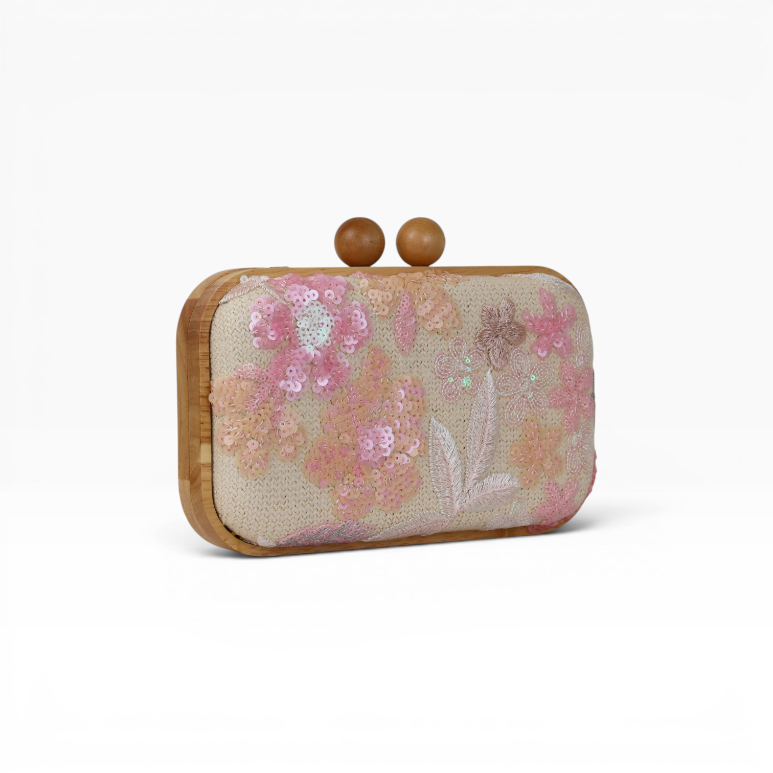 Bolsa de Mão Festa Palha Madeira Bordada Rosa