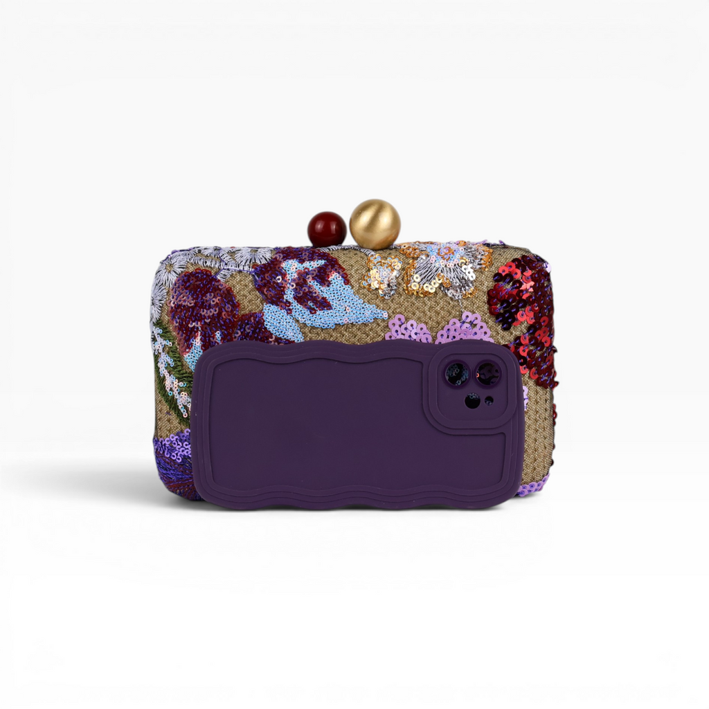 Bolsa Clutch Festa Bordada Flores Roxa