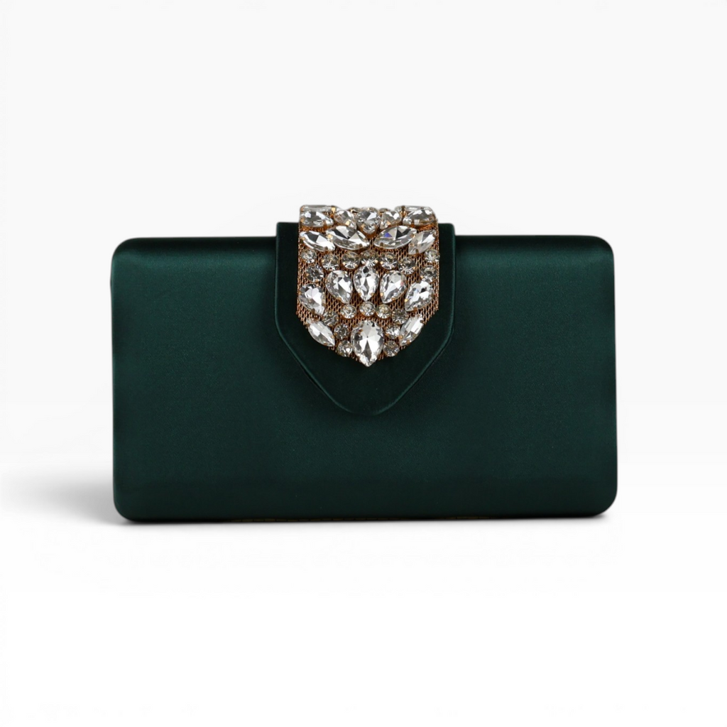 Bolsa Clutch Festa Cetim e Fecho de Pedraria Verde